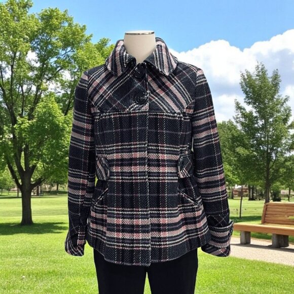 Via Wool Blend Plaid Peacoat Jacket XS Black Pink Button Up Belted Winter Cozy - Picture 1 of 13